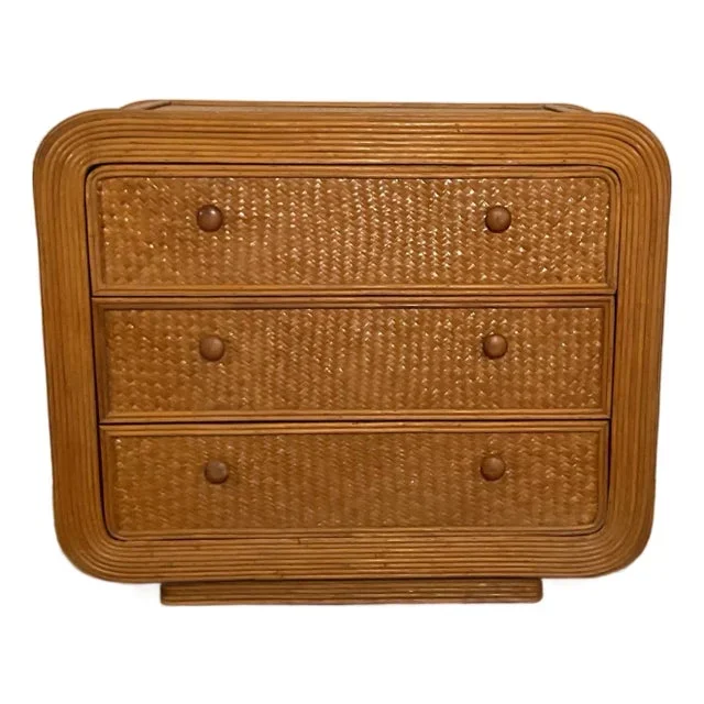 Vintage 70s Pencil Reed Rattan Waterfall Three Drawer Chest Attributed Gabriel Crespi