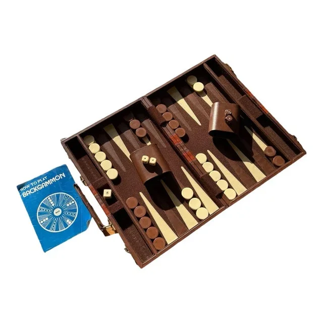 Vintage Backgammon Brown Leatherette Handled Case