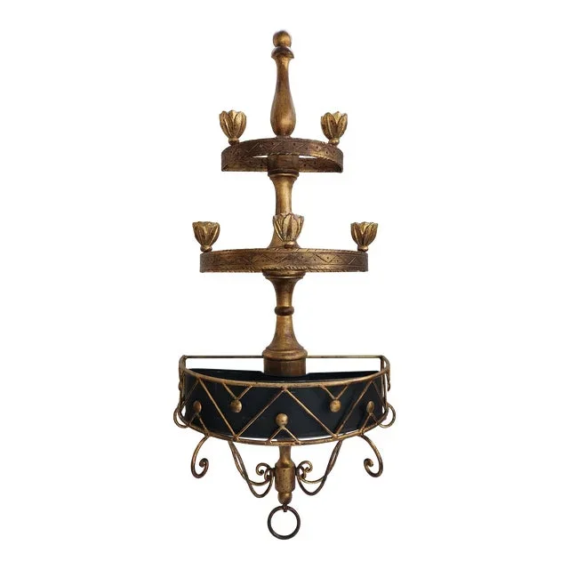 Vintage Black and Gold Toile Candelabra Wall Pocket Sconce, Wall Planter, Wall Sconce
