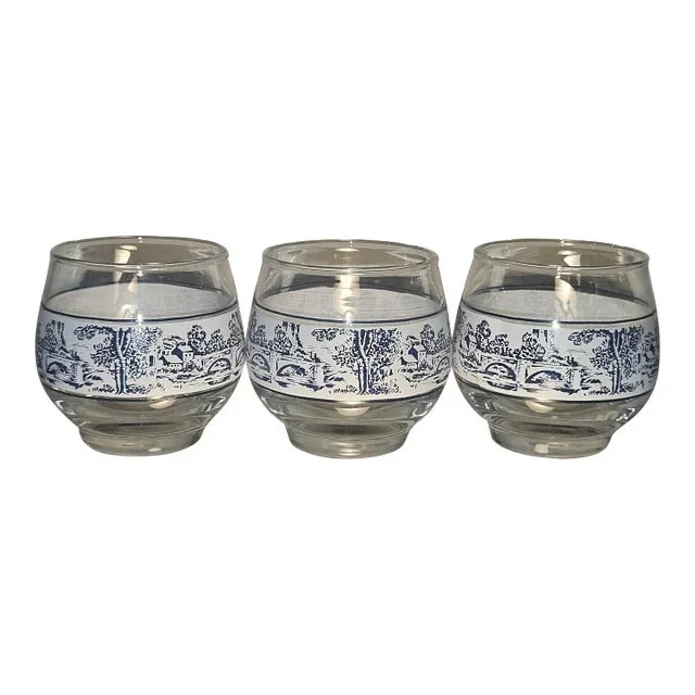 Vintage Blue and White Pattern Glasses- Set of 3