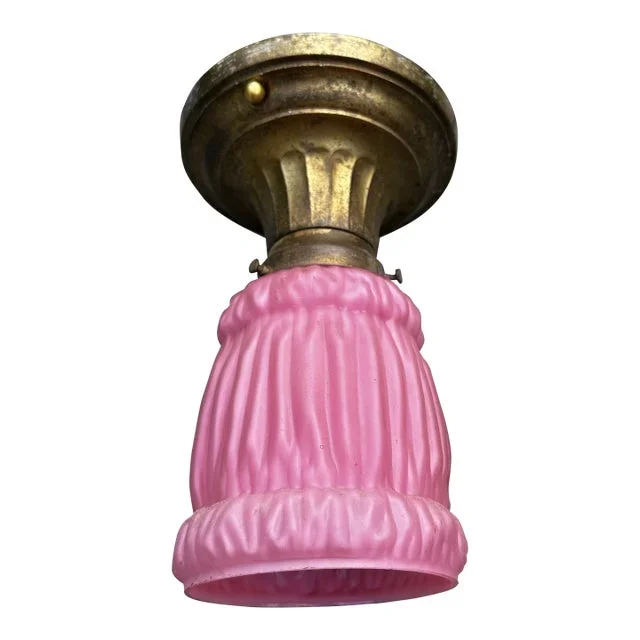 Vintage Brass Semi- Flush Ceiling Fixture With Vintage Pink Linen Fold Shade
