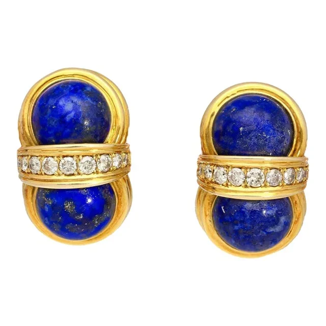 Vintage Cabochon Cut Lapis Lazuli and Diamond 18k Yellow Gold Clip-On Earrings – 2 Pieces