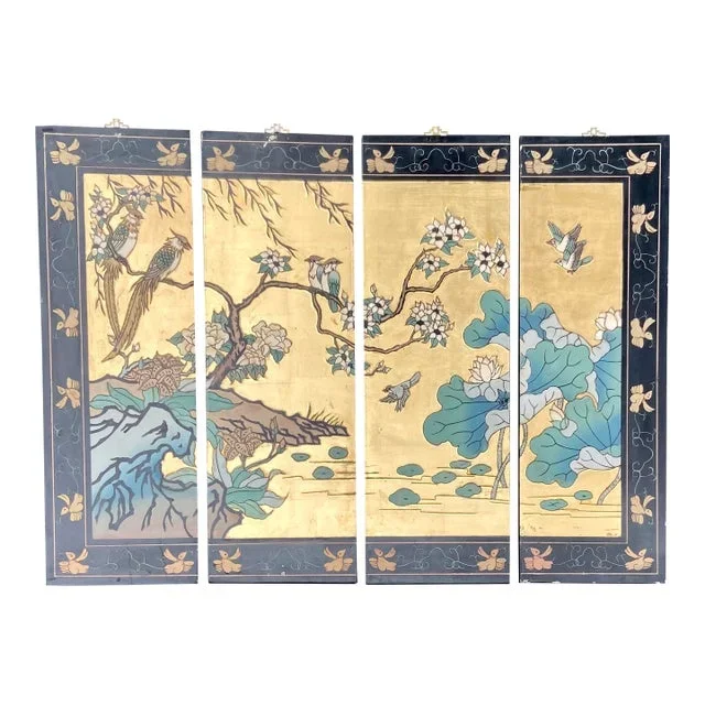 Vintage Chinese 4-Panel Coromandel Lacquer Wall Hangings