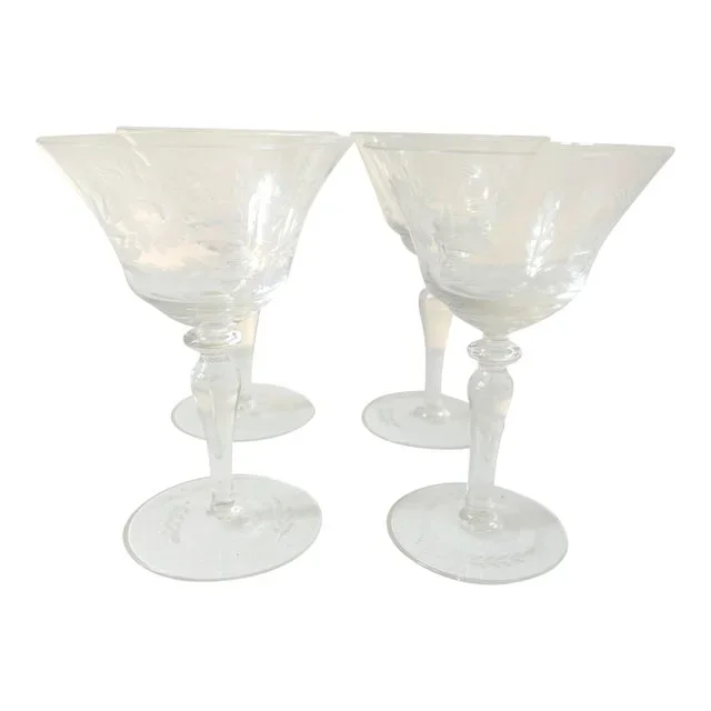 Vintage Clear Floral Etched Sherry /Cocktail Glasses- Set of 4