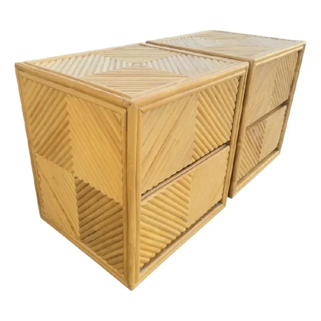 Vintage Coastal Bamboo Chevron Pencil Reed Glass Top Blonde 2 Drawer Cube Nightstand Tables- A Pair