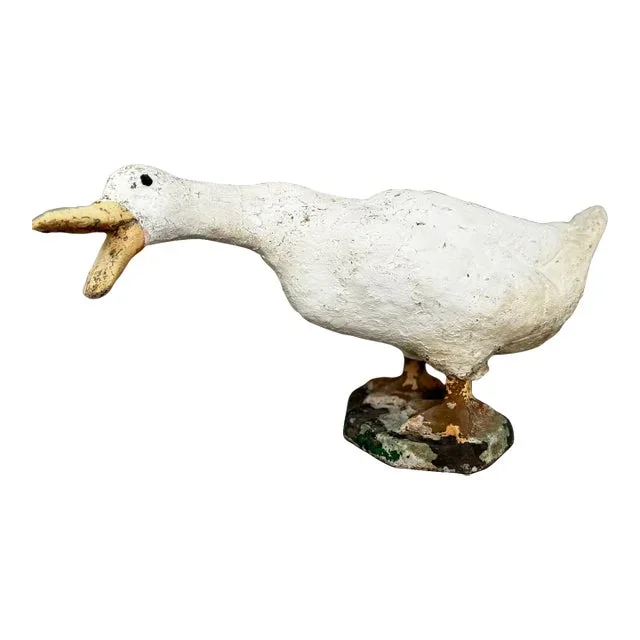Vintage Concrete Goose Hand-Painted Folk Art Sculpture in Quacking Pose