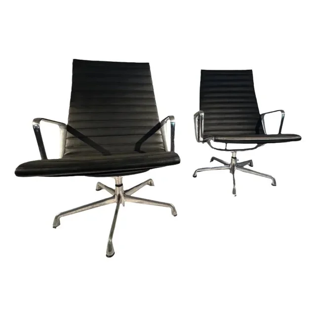 Vintage Eames Lounge Chairs Pair Black Leather Post 1985
