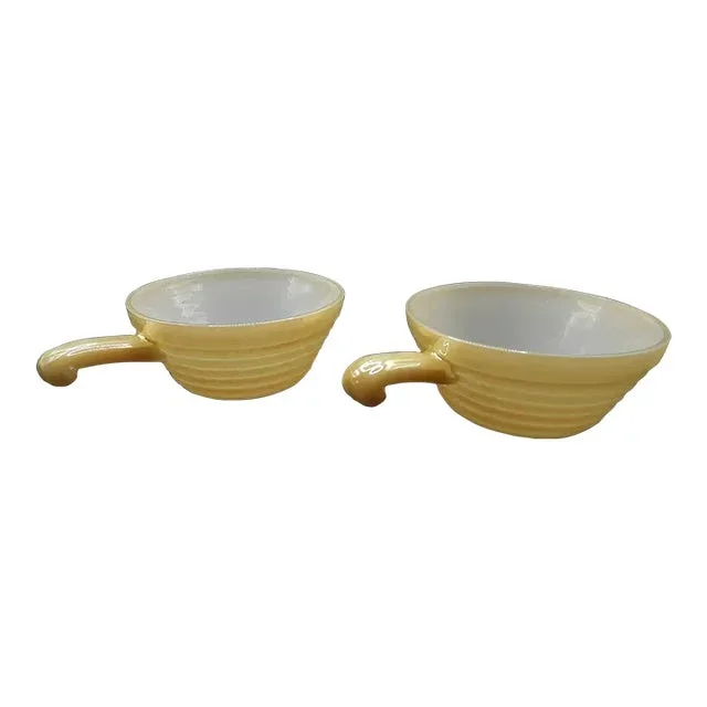Vintage FireKing Peach Lusterware Soup Chili Dip Beehive Bowls Handles- Set of 2