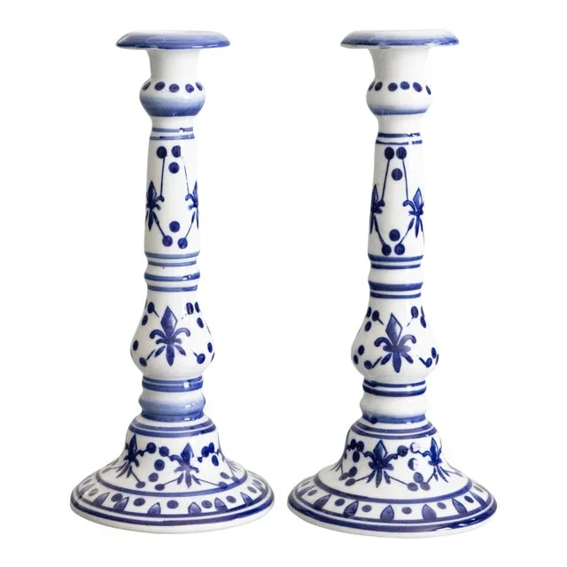 Vintage French Blue & White Porcelain Candlesticks – A Pair