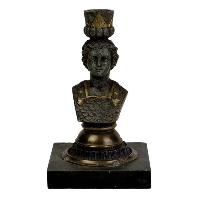Vintage French Neoclassical Bronze Candlestick of Female Bust on Slate Base