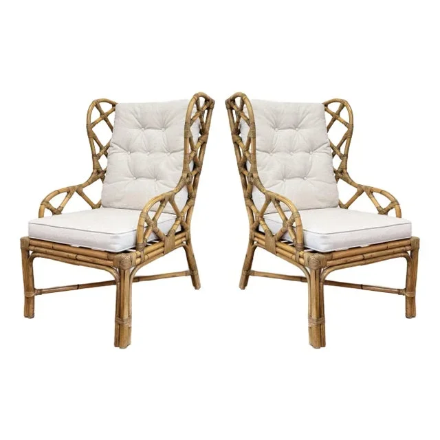 Vintage Fretwork Rattan Wingback Chairs, Pair