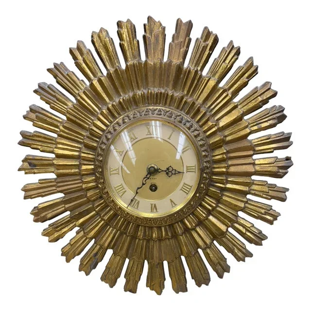Vintage Gold Gilt Sunburst Clock With Original Key