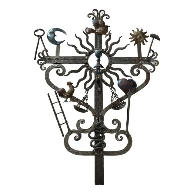 Vintage Guadalupe Hermosillo Escobar of Chiapas Hand Forge Rooftop Wrought Iron Cross