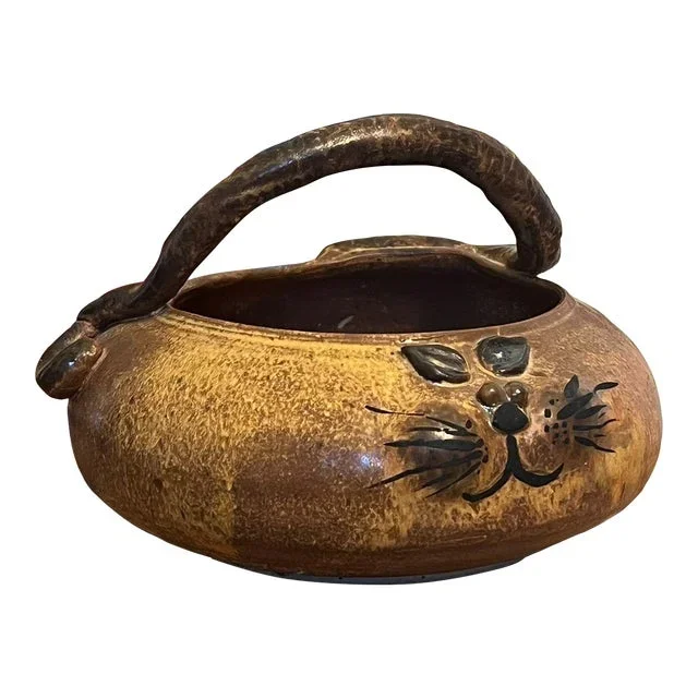 Vintage Handmade and Signed Cat Bowl With Handle