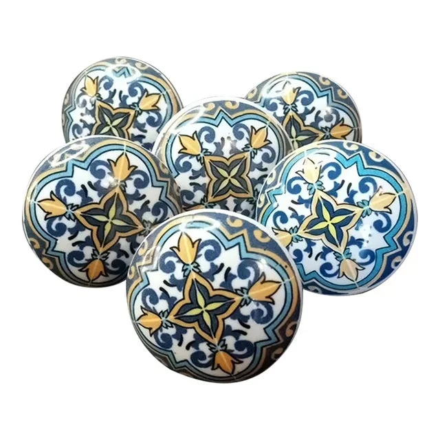 Vintage Handpainted Iznik Ceramic Cabinet Knobs Made in Turkey Set of 6