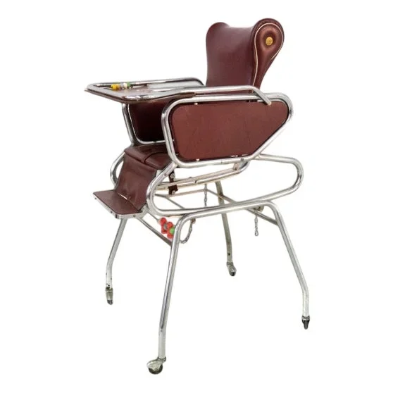 Vintage High Chair in Burgundy Leather with Tray and Potty, 1970s