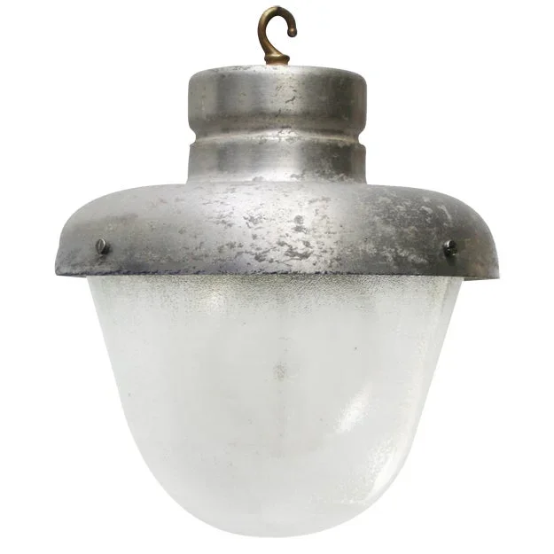 Vintage Industrial Grey Metal & Frosted Glass Pendant Lamp
