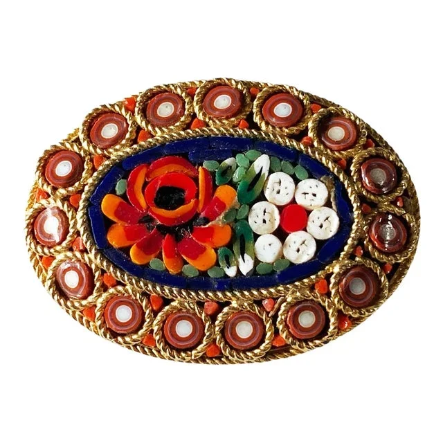 Vintage Italian Micro Mosaic Flower Gold Tone Pin Brooch Oval