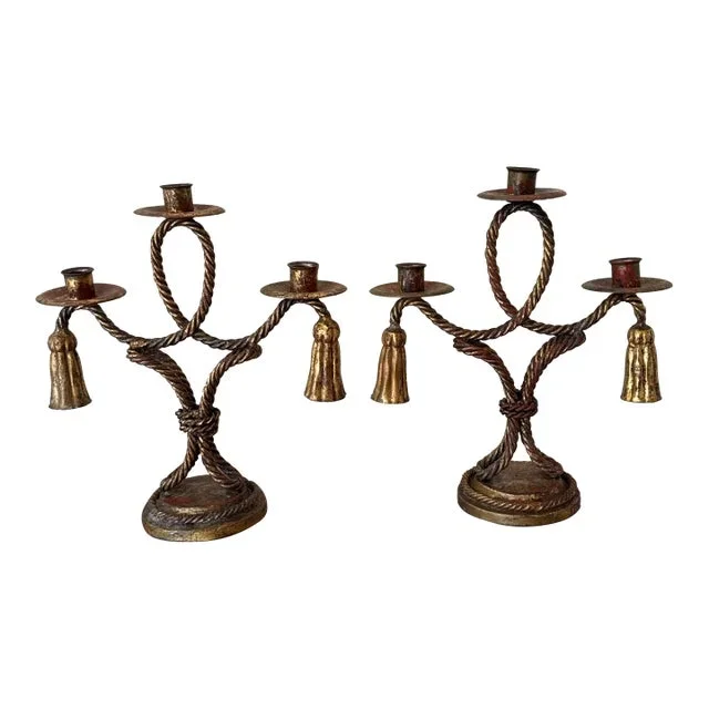 Vintage Italian Style Gilt Decorative Toleware Rope and Tassle Candlesticks- Set of 2