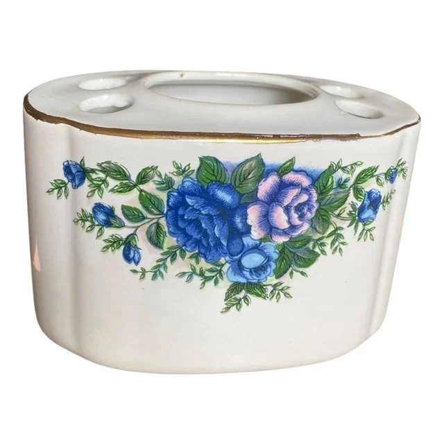 Vintage Japan Ceramic Toothbrush Holder Blue Rose Floral Gold Trim Bathroom