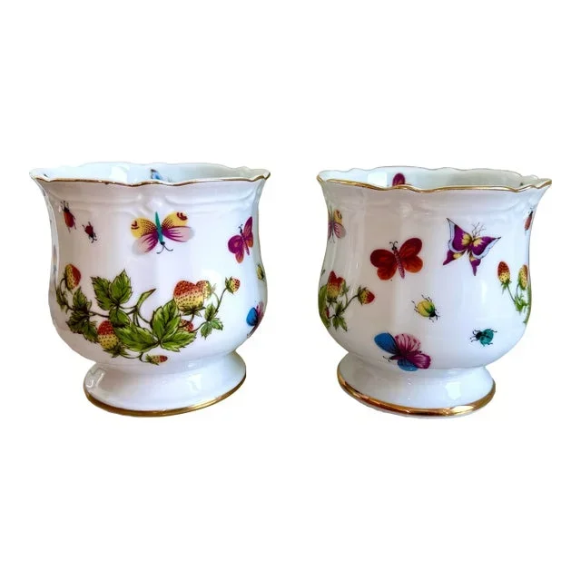Vintage Lenwile Ardalt Porcelain Hand Painted Strawberry & Butterfly Planters – A Pair
