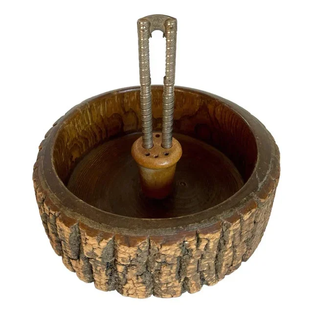 Vintage Live Edge Wooden Bowl With Nut Cracker