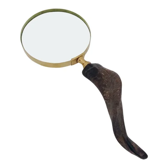 Vintage Mid 20th Century Brass Horn Handle Magnifying Glass in Wooden Box