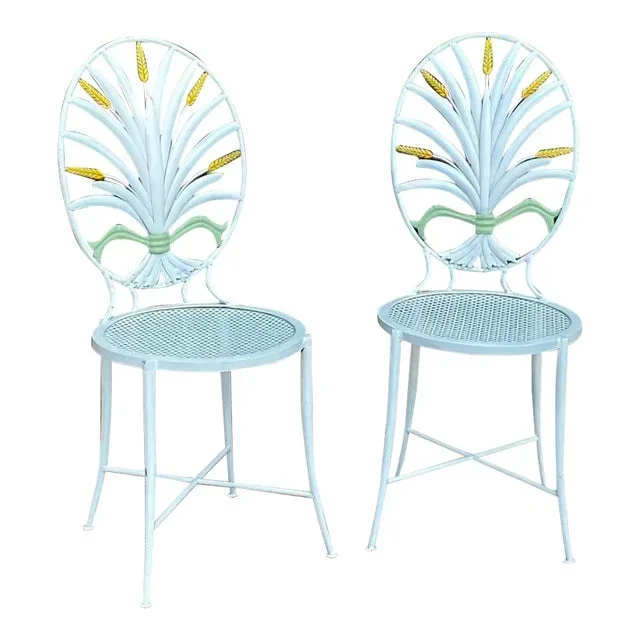 Vintage Mid Century Hollywood Regency Style Wheat Sheaf-Back Outdoor Chairs, Attributed to S. Salvatore – A Pair