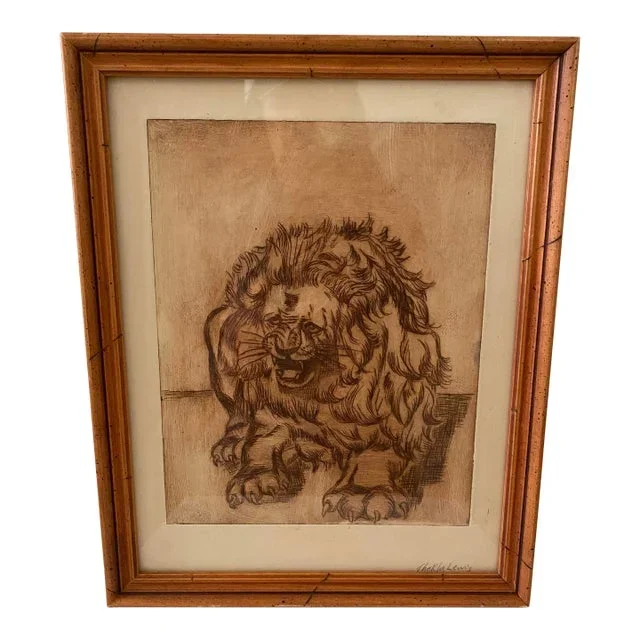 Vintage Mid-Century Original Lion Animal Etching Signed