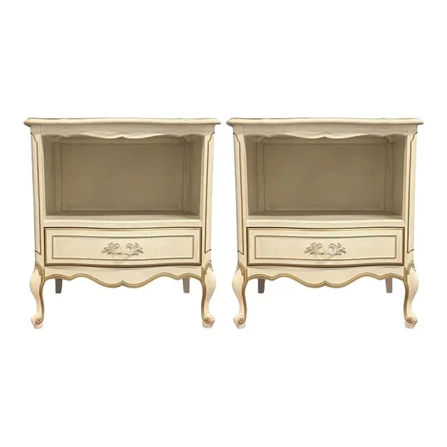 Vintage Mid-Century Rhone White & Gold French Provincial 1 Drawer Nightstands – A Pair