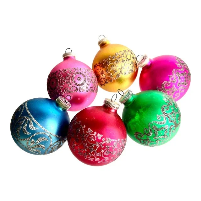 Vintage Multi-Coloured Glittered West German Ornaments, Set of 6