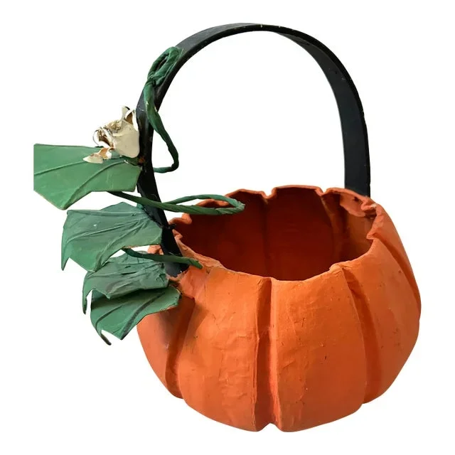 Vintage Paper Mache Pumpkin Shape Basket