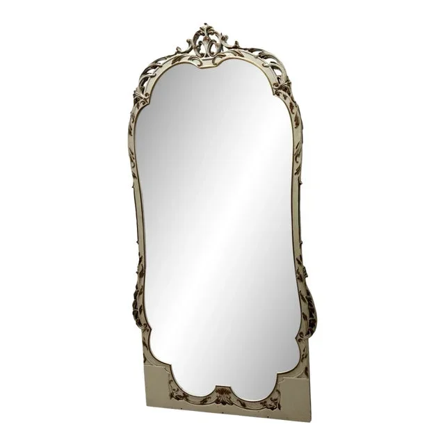 Vintage Rococo French Baroque Provincial Style Ornate Cream & Gold Wall Floor Length Mirror