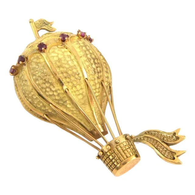 Vintage Ruby 18k Yellow Gold Hot Air Balloon Pendant Brooch