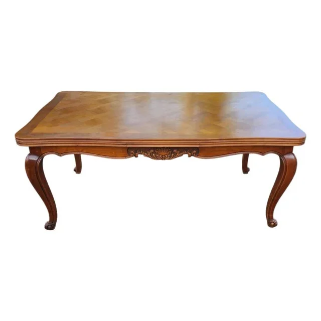 Vintage Solid Cherry Parquetry Top Draw Leaf Dining Room Table , C1960s