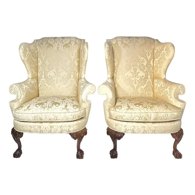 Vintage Southwood Company, N.Carolina, American Chippendale, Mahogany, Damask Wingback Chairs. A Pair