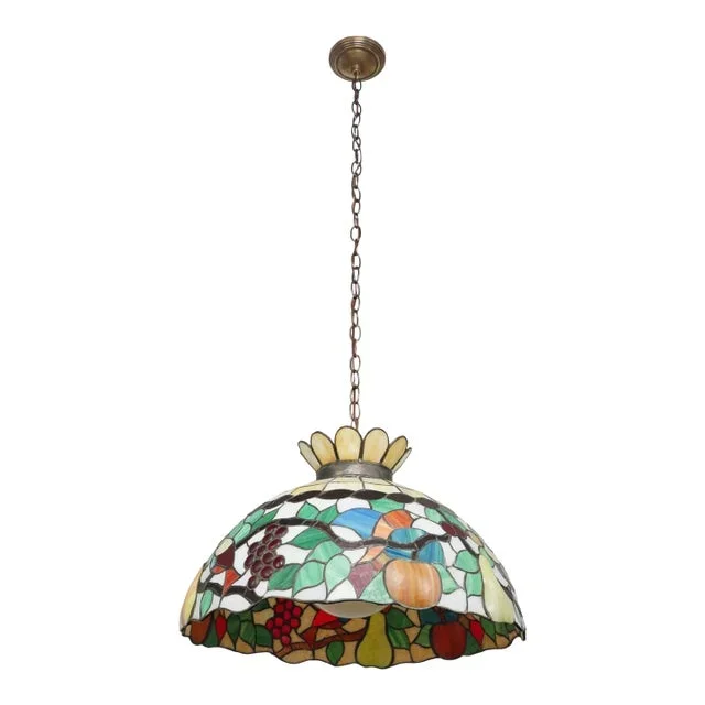 Vintage Tiffany Style Stained Glass Brass Pendant Light