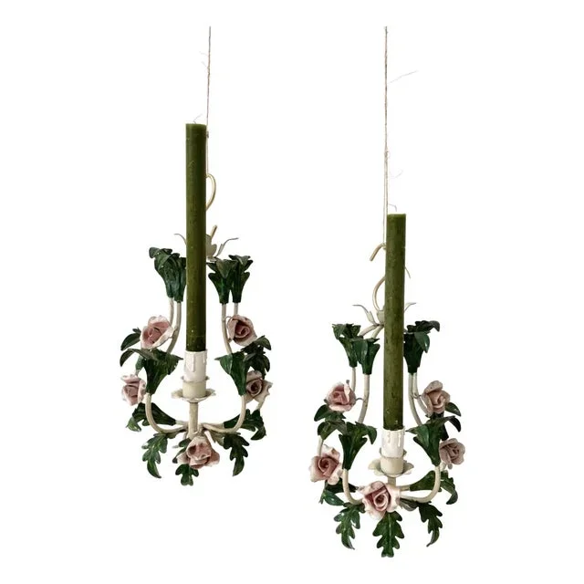 Vintage Toleware Hanging Candleholders, Set of 2