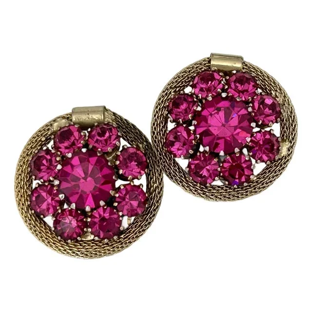 Vintage Weiss Magenta Pink Rhinestone Earrings – Gold Tone Rhinestone Cluster Clip-Ons, A Pair