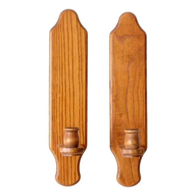 Vintage Wooden Candlestick Wall Sconces Pair
