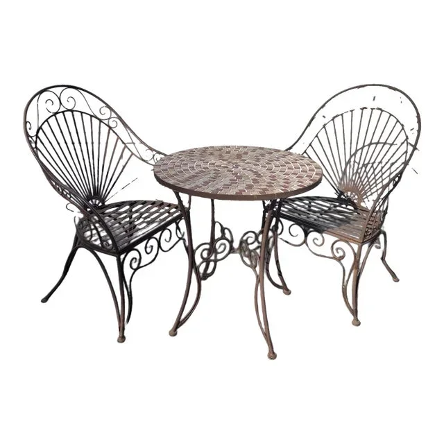 Vintage Wrought Iron Outdoor Bistro Mosaic Top Iron Table Table Top & 2 Chairs