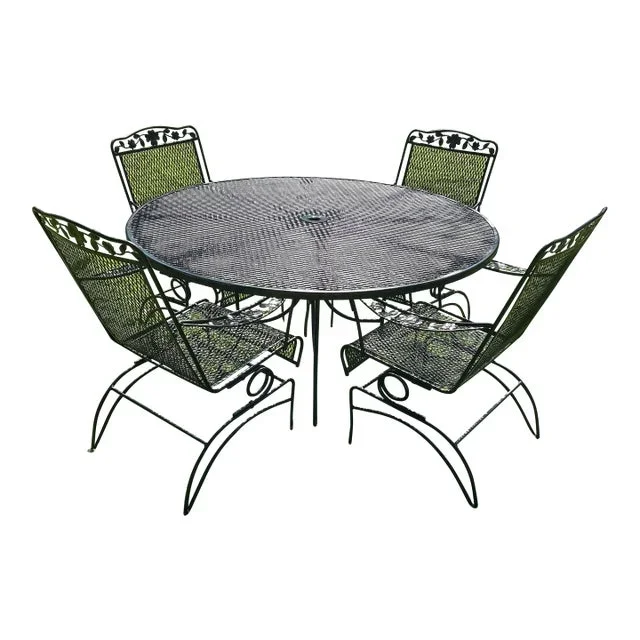 Vintage Wrought Iron Patio Large Table & 4 Rockers with Stand