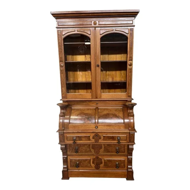 Walnut Victorian Renaissance Cylinder Roll Secretary Desk