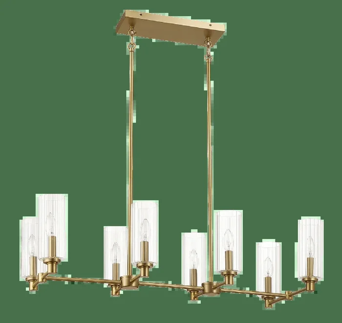 Willow Eight Lights Island With Clear Ribbed Glass Pendant Lamp – Satin Brass